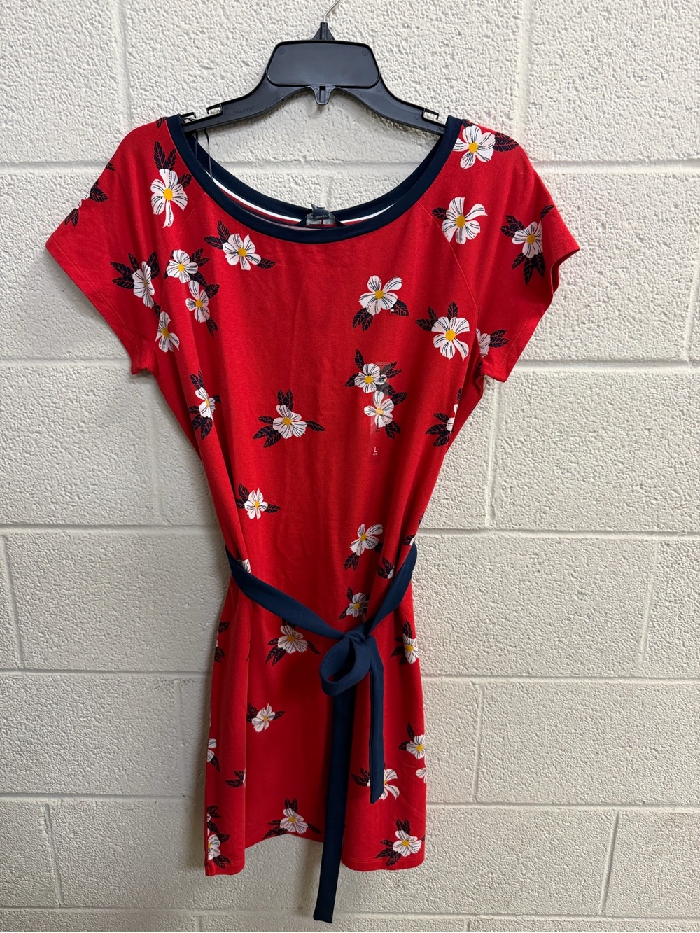 Tommy Hilfiger Red Floral Tee Dress with Navy Trim
